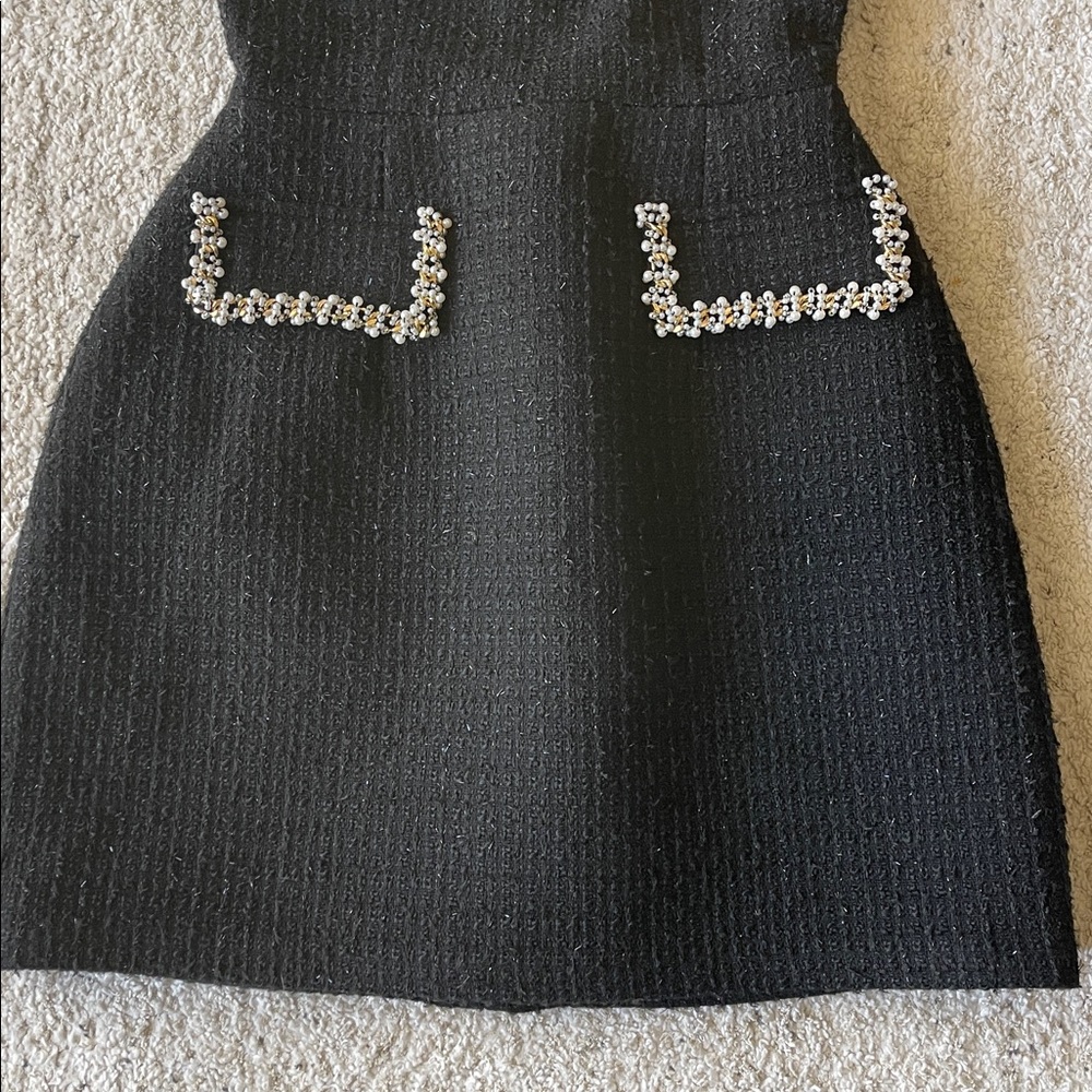 NADINE MERABI Black Tweed Mini Dress with Pearl Trim - Picture 7 of 10